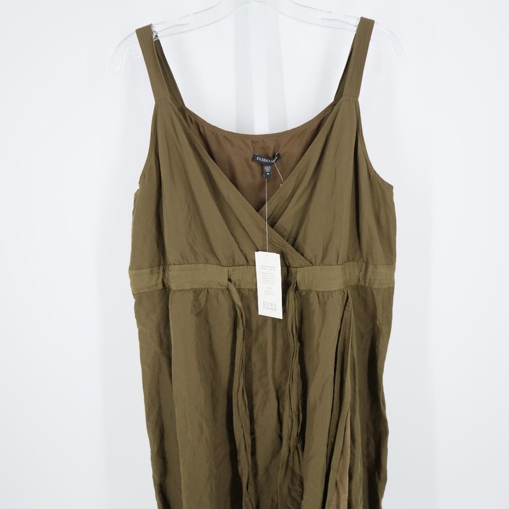Eileen Fisher Sleeveless Satin Tie Waist V-Neck Dress Green/Brown - Picture 8 of 11
